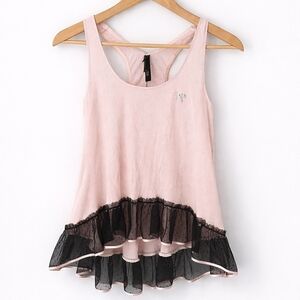 Victoria’s Secret Pink Ribbed Babydoll Camisole Black Lace Trim Small